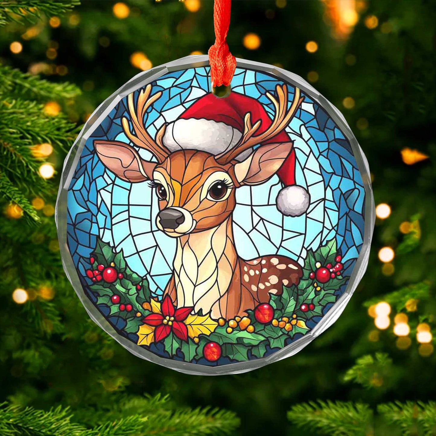 Netecom Reindeer with Santa Hat Stained Glass Ornament – Holiday Christmas Tree Decoration, 3-Inch Keepsake