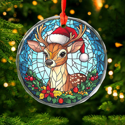 Netecom Reindeer with Santa Hat Stained Glass Ornament – Holiday Christmas Tree Decoration, 3-Inch Keepsake