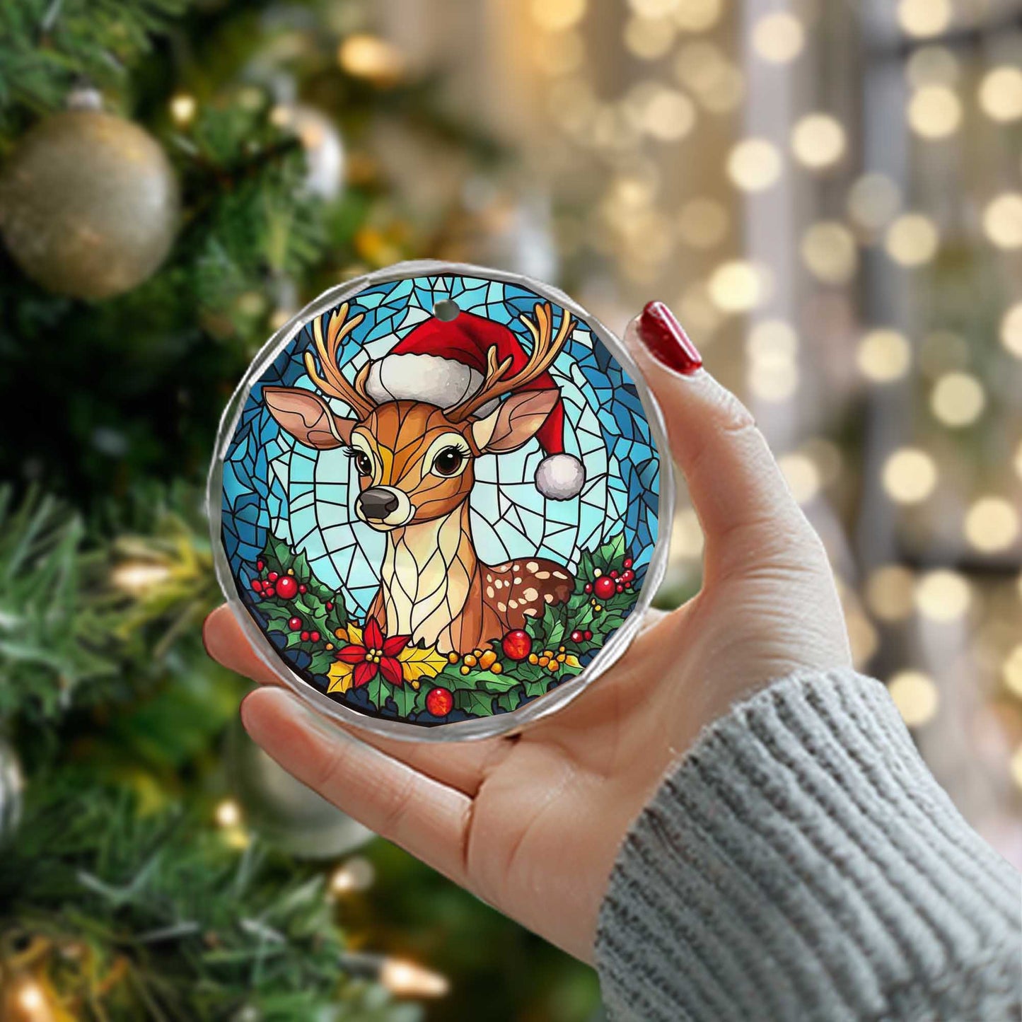 Netecom Reindeer with Santa Hat Stained Glass Ornament – Holiday Christmas Tree Decoration, 3-Inch Keepsake