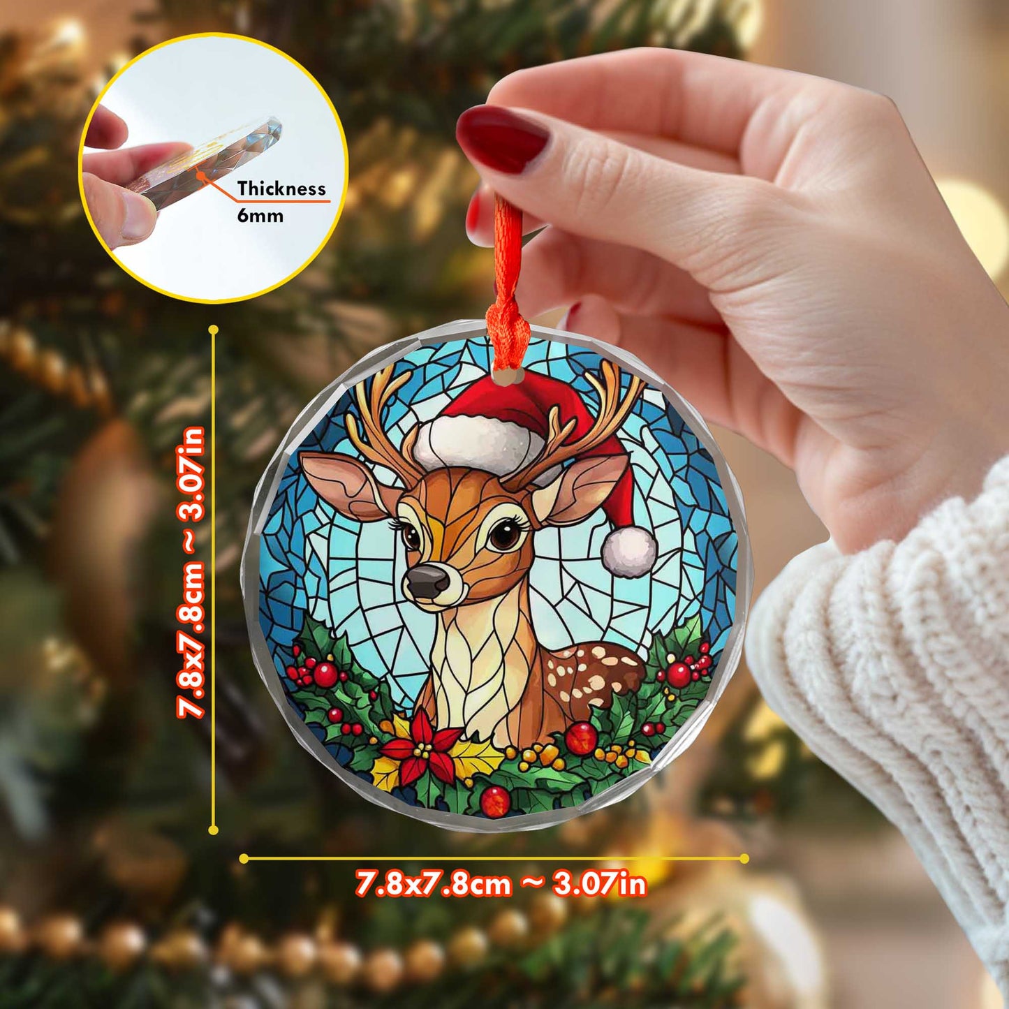 Netecom Reindeer with Santa Hat Stained Glass Ornament – Holiday Christmas Tree Decoration, 3-Inch Keepsake
