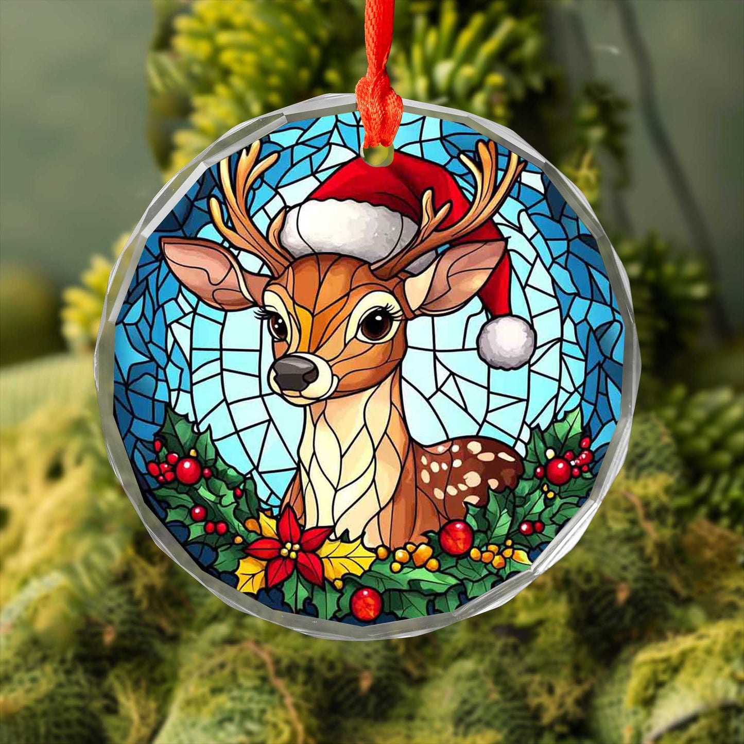 Netecom Reindeer with Santa Hat Stained Glass Ornament – Holiday Christmas Tree Decoration, 3-Inch Keepsake