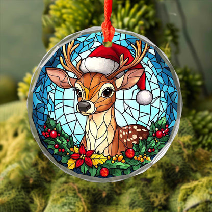 Netecom Reindeer with Santa Hat Stained Glass Ornament – Holiday Christmas Tree Decoration, 3-Inch Keepsake