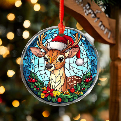 Netecom Reindeer with Santa Hat Stained Glass Ornament – Holiday Christmas Tree Decoration, 3-Inch Keepsake