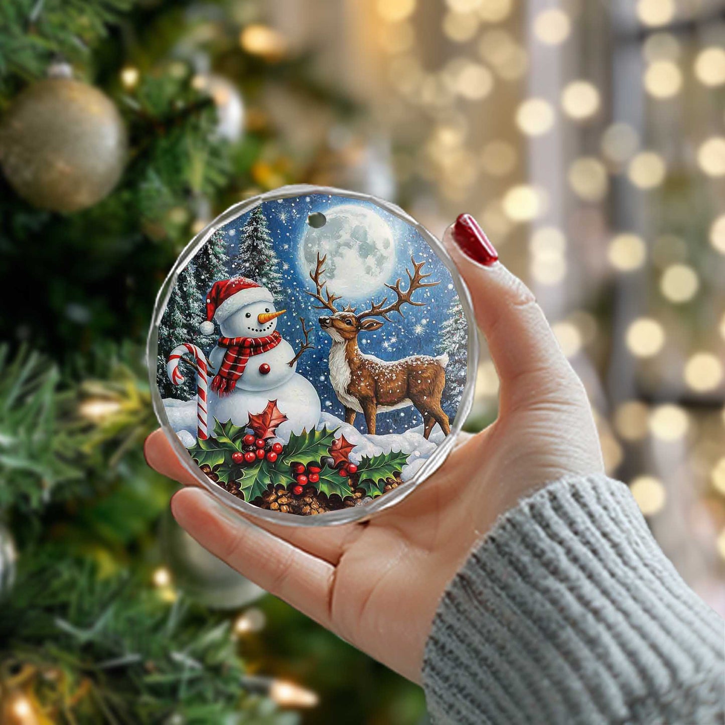 Netecom Snowman and Reindeer Glass Ornament – Holiday Tree Decoration, Festive Keepsake Gift, 3 in