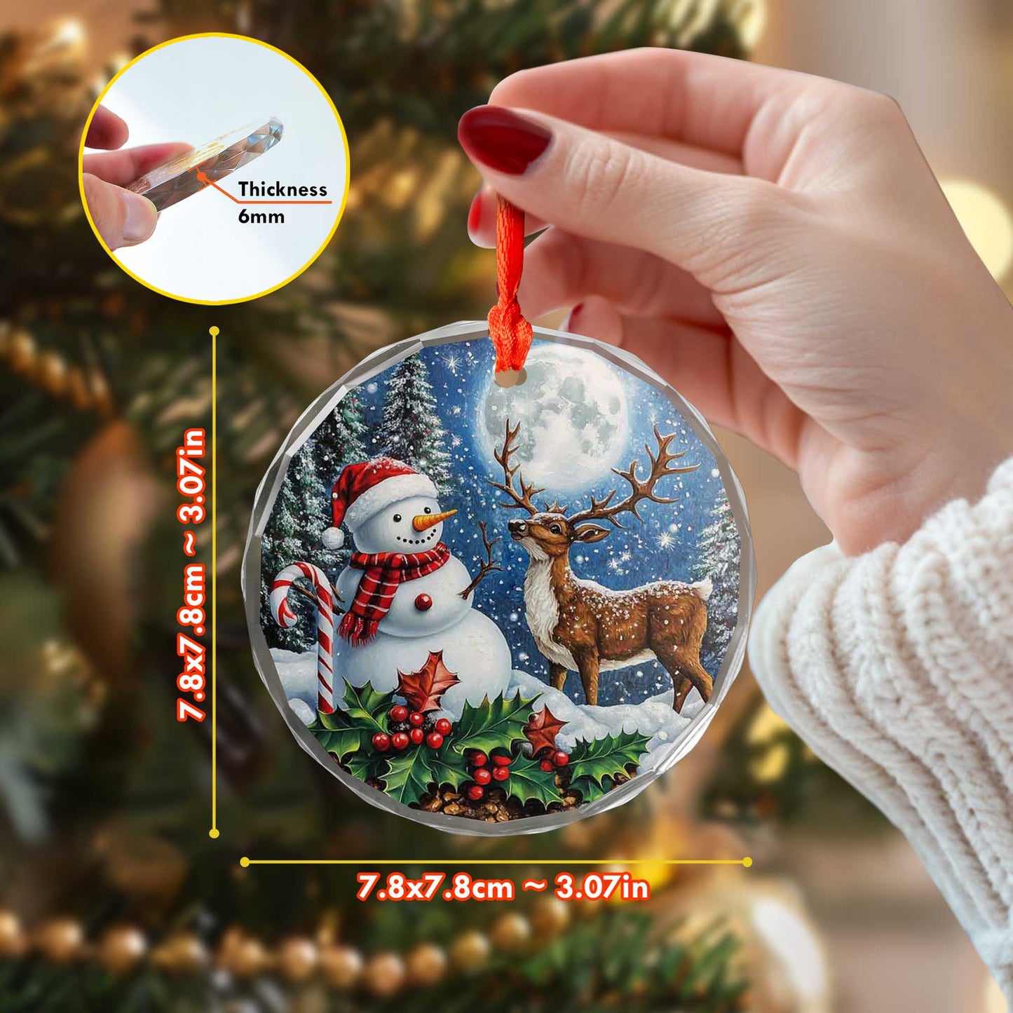 Netecom Snowman and Reindeer Glass Ornament – Holiday Tree Decoration, Festive Keepsake Gift, 3 in
