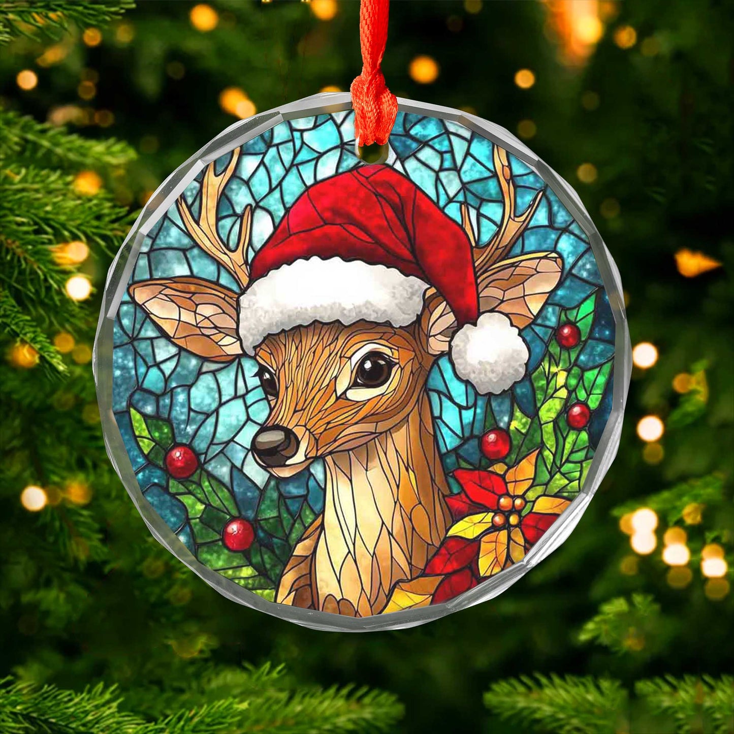 Netecom Santa Hat Reindeer Stained Glass Ornament – Festive Christmas Tree Decoration, 3-Inch Keepsake