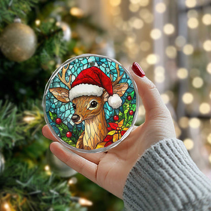 Netecom Santa Hat Reindeer Stained Glass Ornament – Festive Christmas Tree Decoration, 3-Inch Keepsake