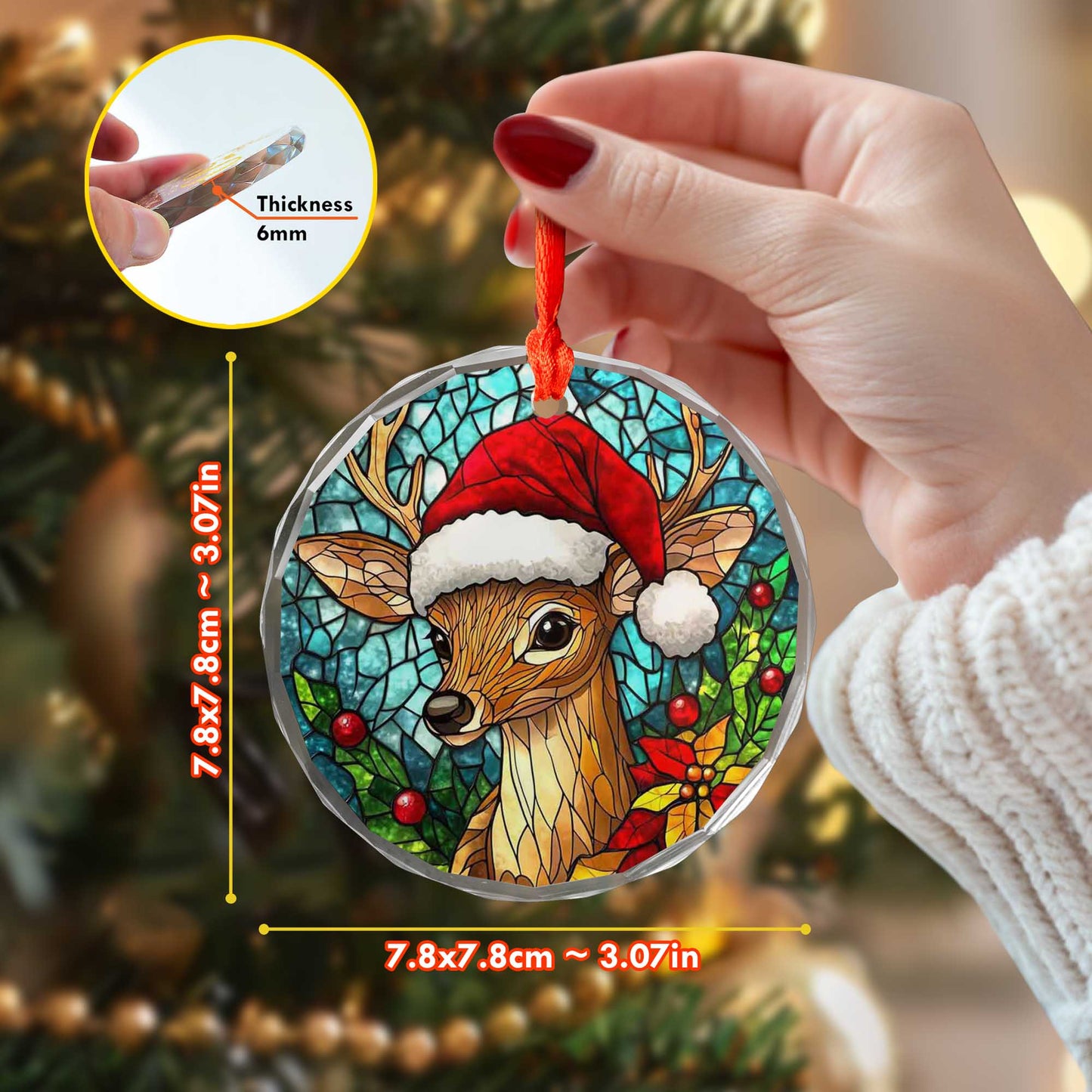 Netecom Santa Hat Reindeer Stained Glass Ornament – Festive Christmas Tree Decoration, 3-Inch Keepsake