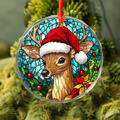Netecom Santa Hat Reindeer Stained Glass Ornament – Festive Christmas Tree Decoration, 3-Inch Keepsake