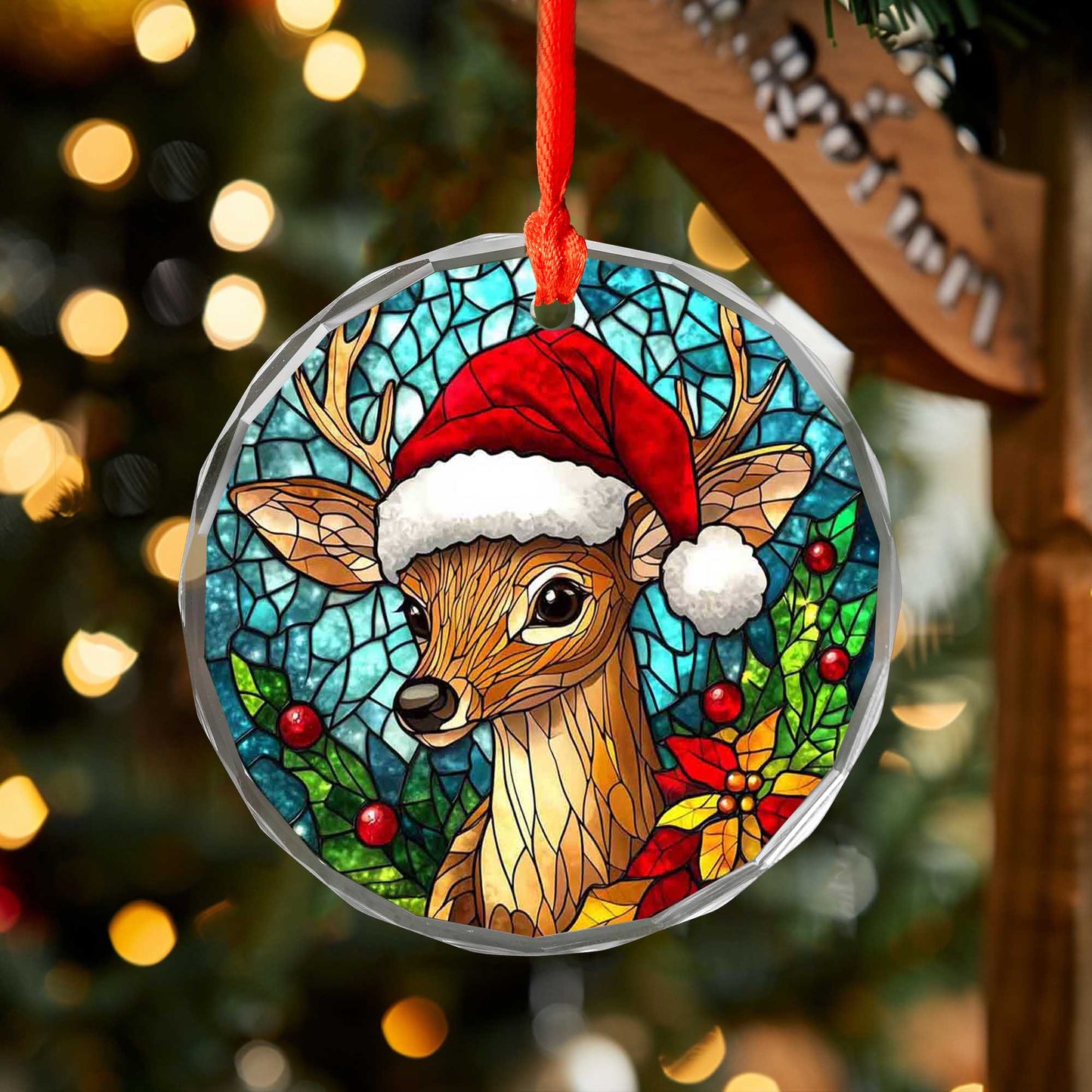 Netecom Santa Hat Reindeer Stained Glass Ornament – Festive Christmas Tree Decoration, 3-Inch Keepsake