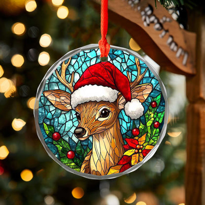 Netecom Santa Hat Reindeer Stained Glass Ornament – Festive Christmas Tree Decoration, 3-Inch Keepsake
