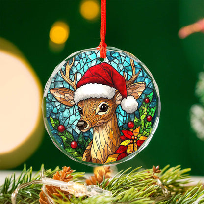 Netecom Santa Hat Reindeer Stained Glass Ornament – Festive Christmas Tree Decoration, 3-Inch Keepsake