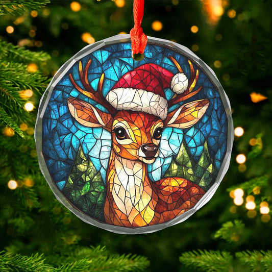 Netecom Festive Reindeer with Santa Hat Glass Ornament – Colorful Christmas Tree Decoration, 3-Inch Keepsake