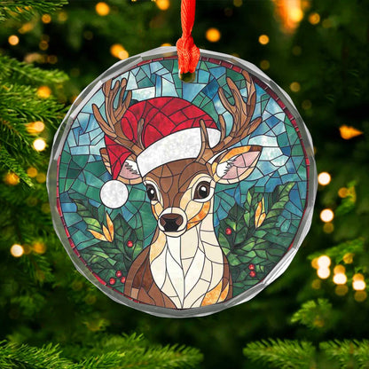 Netecom Reindeer with Santa Hat Stained Glass Ornament – Christmas Tree Decoration, 3-Inch Holiday Keepsake