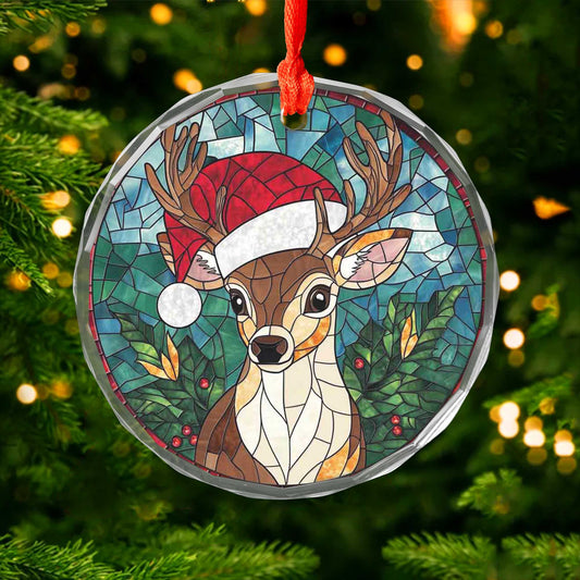 Netecom Reindeer with Santa Hat Stained Glass Ornament – Christmas Tree Decoration, 3-Inch Holiday Keepsake
