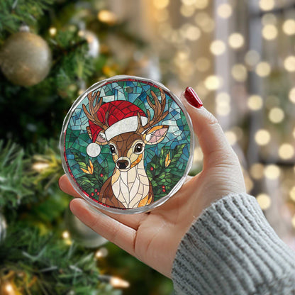 Netecom Reindeer with Santa Hat Stained Glass Ornament – Christmas Tree Decoration, 3-Inch Holiday Keepsake