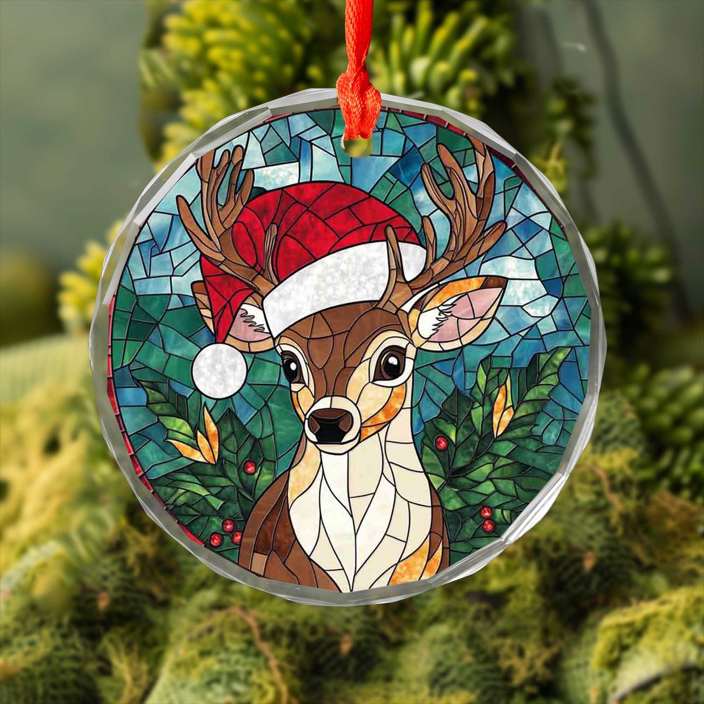 Netecom Reindeer with Santa Hat Stained Glass Ornament – Christmas Tree Decoration, 3-Inch Holiday Keepsake