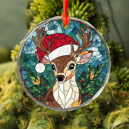 Netecom Reindeer with Santa Hat Stained Glass Ornament – Christmas Tree Decoration, 3-Inch Holiday Keepsake