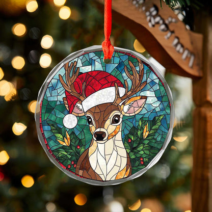 Netecom Reindeer with Santa Hat Stained Glass Ornament – Christmas Tree Decoration, 3-Inch Holiday Keepsake