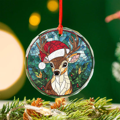 Netecom Reindeer with Santa Hat Stained Glass Ornament – Christmas Tree Decoration, 3-Inch Holiday Keepsake