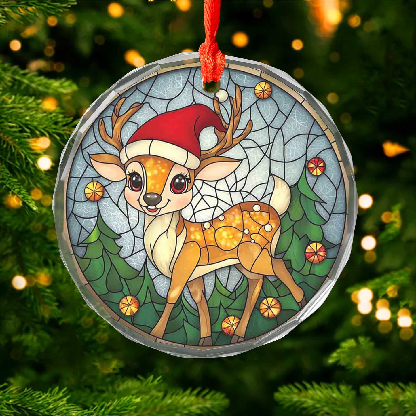 Netecom Christmas Reindeer with Santa Hat Glass Ornament – Festive Tree Decoration, 3-Inch Holiday Keepsake