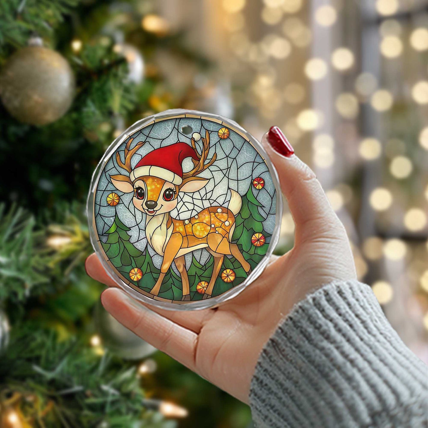 Netecom Christmas Reindeer with Santa Hat Glass Ornament – Festive Tree Decoration, 3-Inch Holiday Keepsake