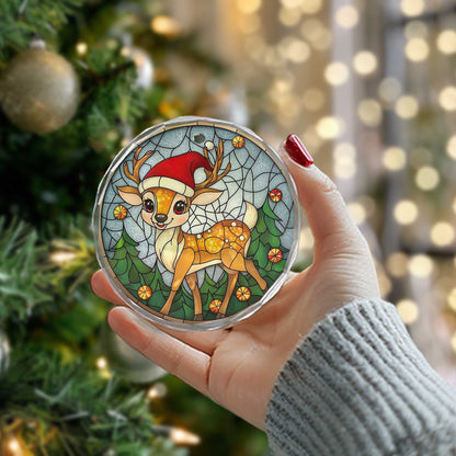 Netecom Christmas Reindeer with Santa Hat Glass Ornament – Festive Tree Decoration, 3-Inch Holiday Keepsake