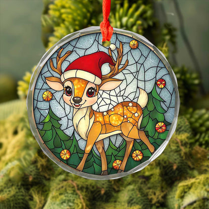 Netecom Christmas Reindeer with Santa Hat Glass Ornament – Festive Tree Decoration, 3-Inch Holiday Keepsake