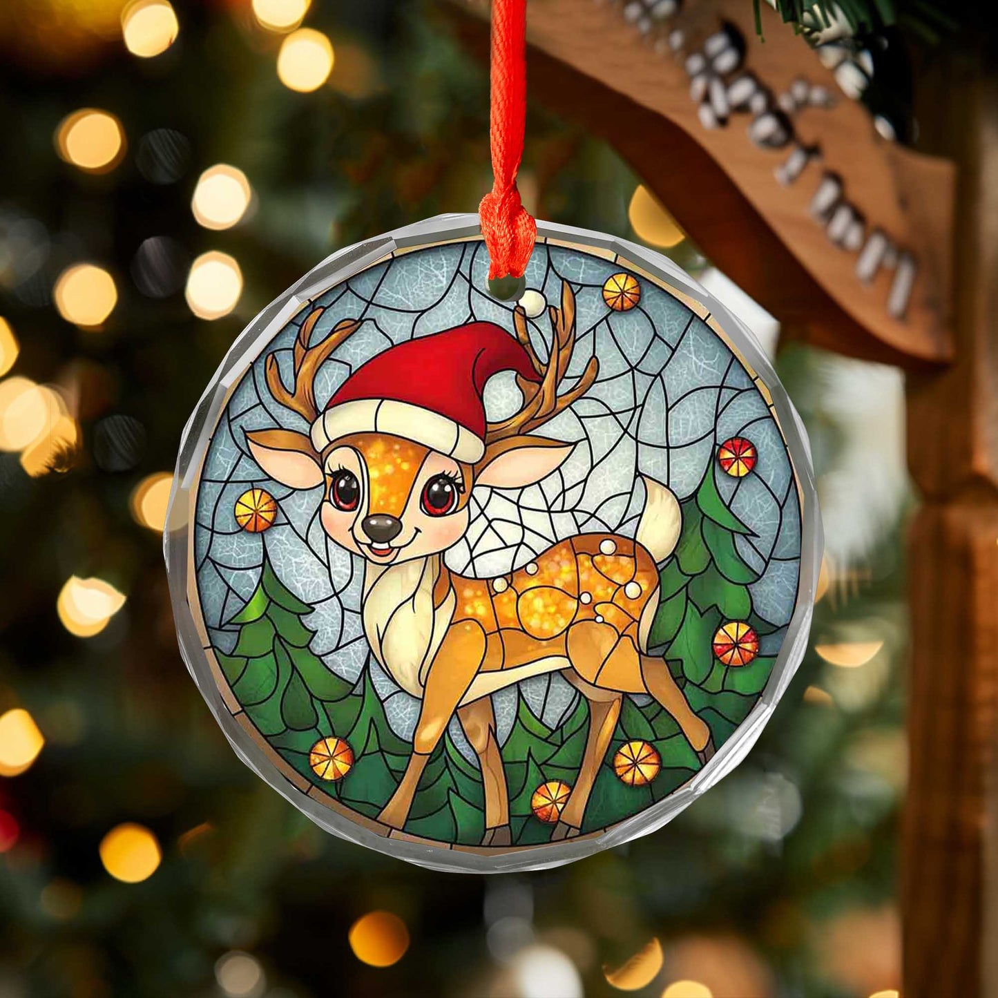 Netecom Christmas Reindeer with Santa Hat Glass Ornament – Festive Tree Decoration, 3-Inch Holiday Keepsake