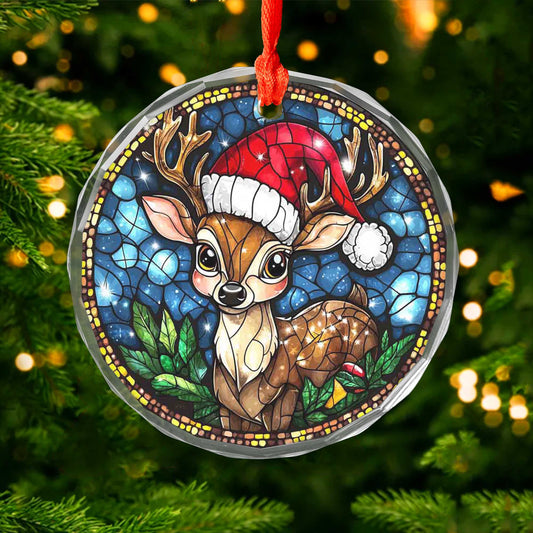 Netecom Reindeer with Santa Hat Glass Ornament – Christmas Tree Decoration,  Holiday Keepsake, 3 in