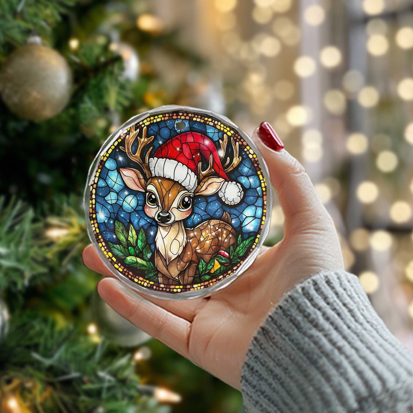 Netecom Reindeer with Santa Hat Glass Ornament – Christmas Tree Decoration,  Holiday Keepsake, 3 in