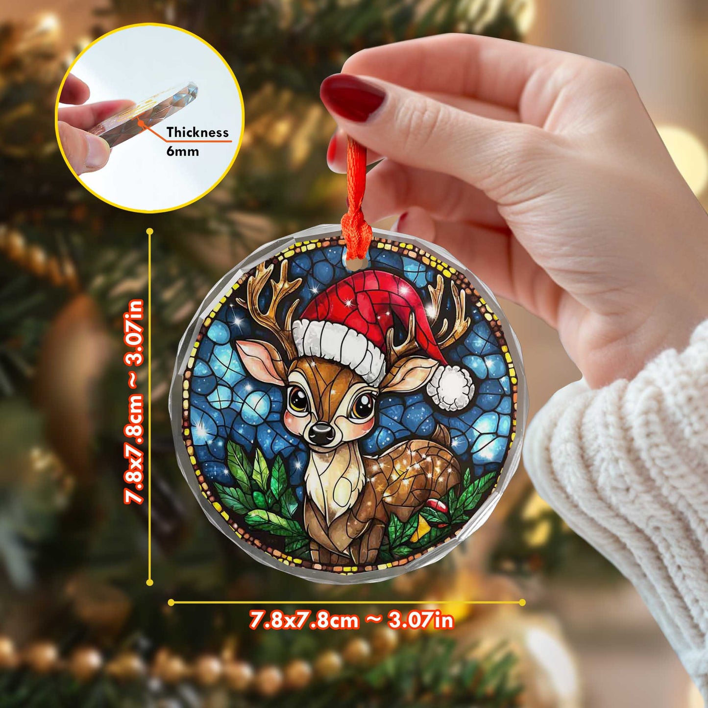 Netecom Reindeer with Santa Hat Glass Ornament – Christmas Tree Decoration,  Holiday Keepsake, 3 in