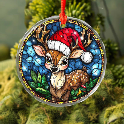 Netecom Reindeer with Santa Hat Glass Ornament – Christmas Tree Decoration,  Holiday Keepsake, 3 in