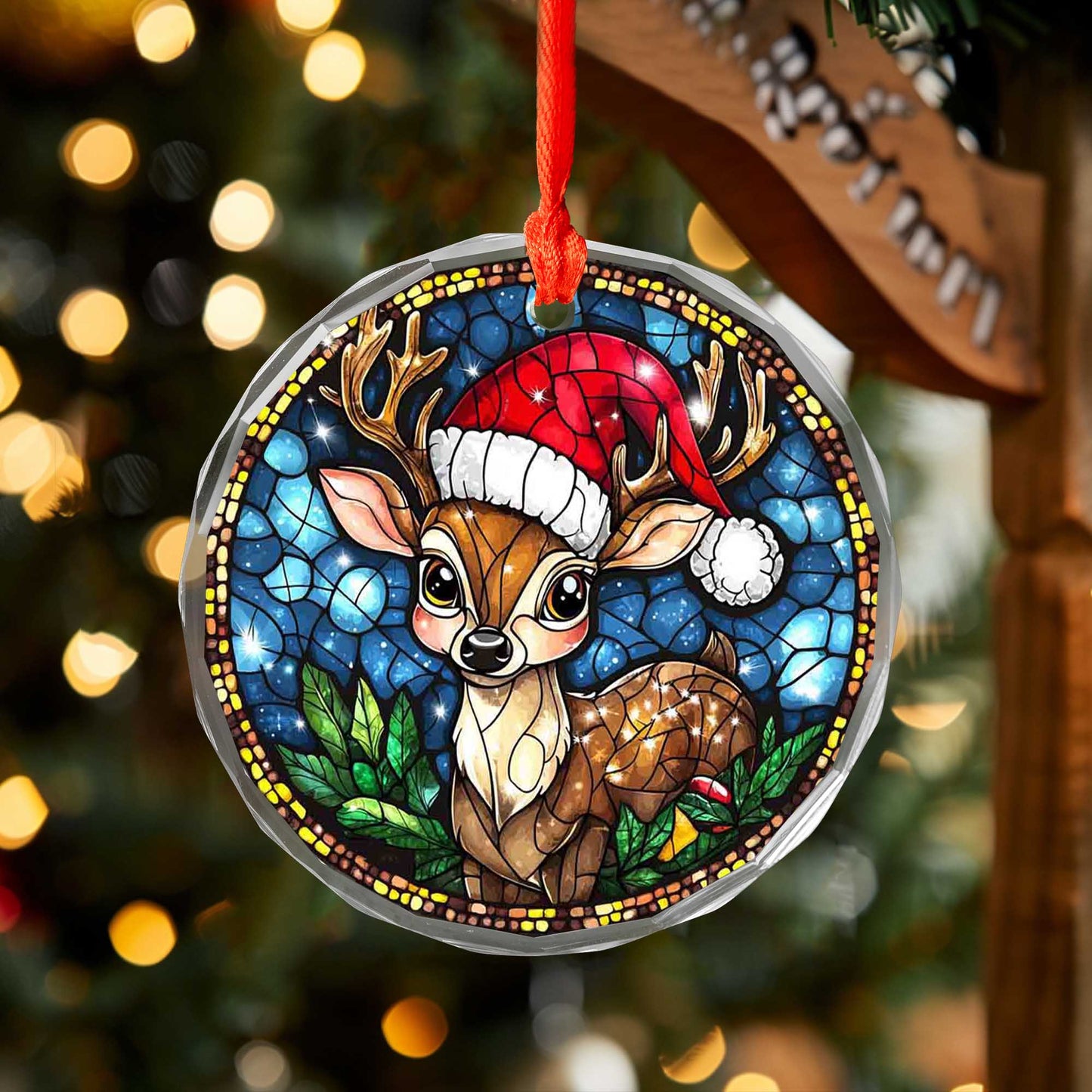 Netecom Reindeer with Santa Hat Glass Ornament – Christmas Tree Decoration,  Holiday Keepsake, 3 in