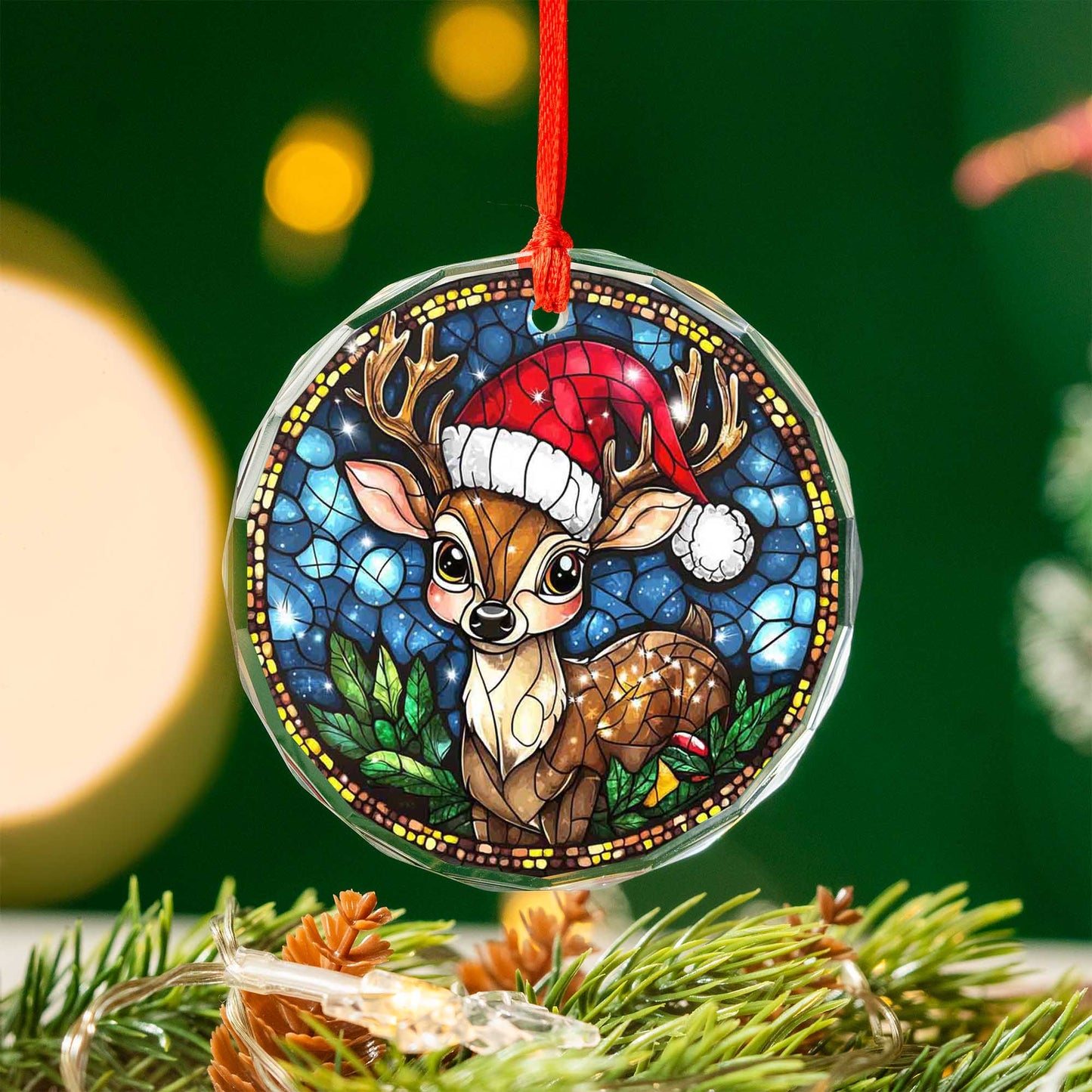 Netecom Reindeer with Santa Hat Glass Ornament – Christmas Tree Decoration,  Holiday Keepsake, 3 in