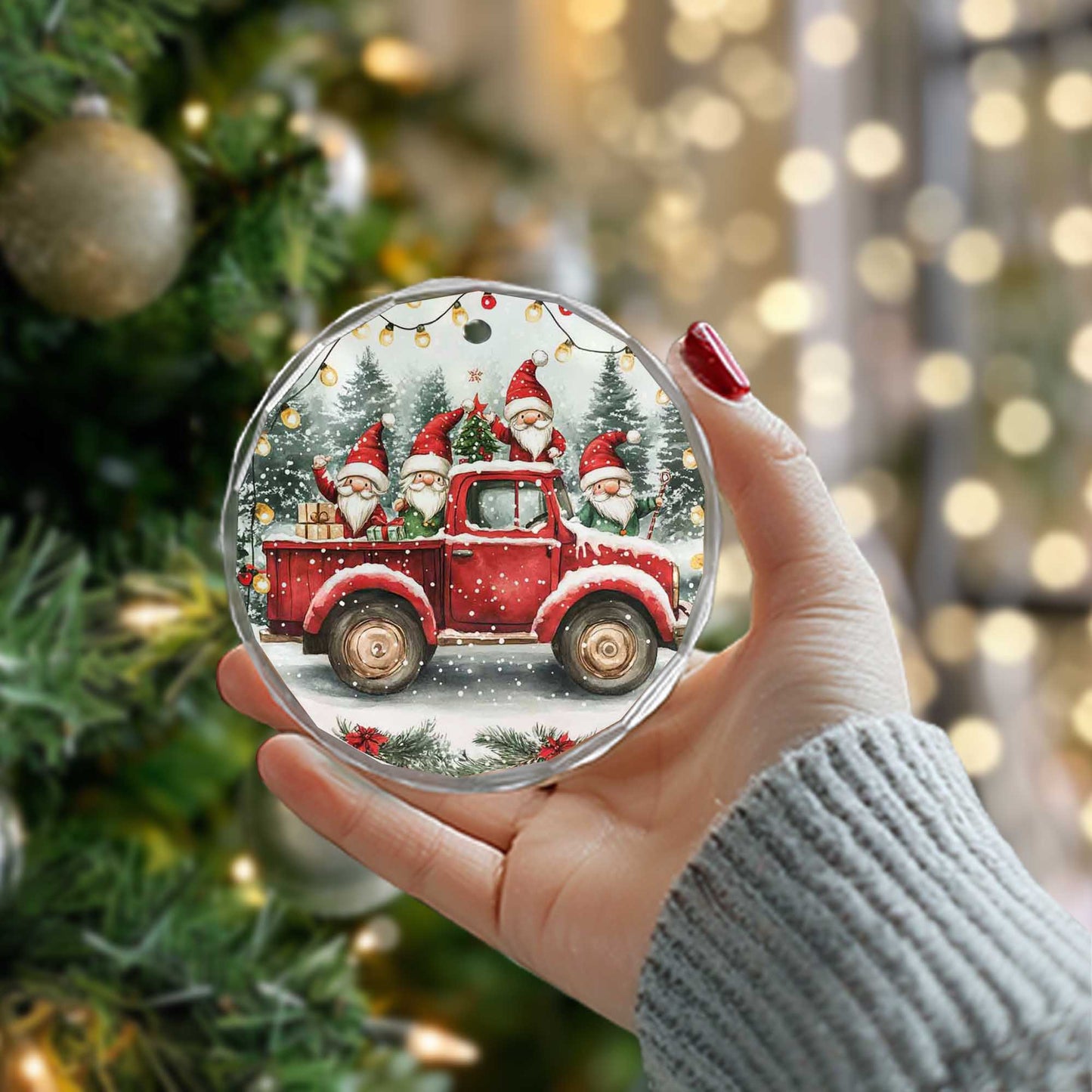 Netecom Santa Claus Red Truck Glass Ornament – Festive Christmas Tree Decoration with Snow and Gifts, 3-Inch Keepsake