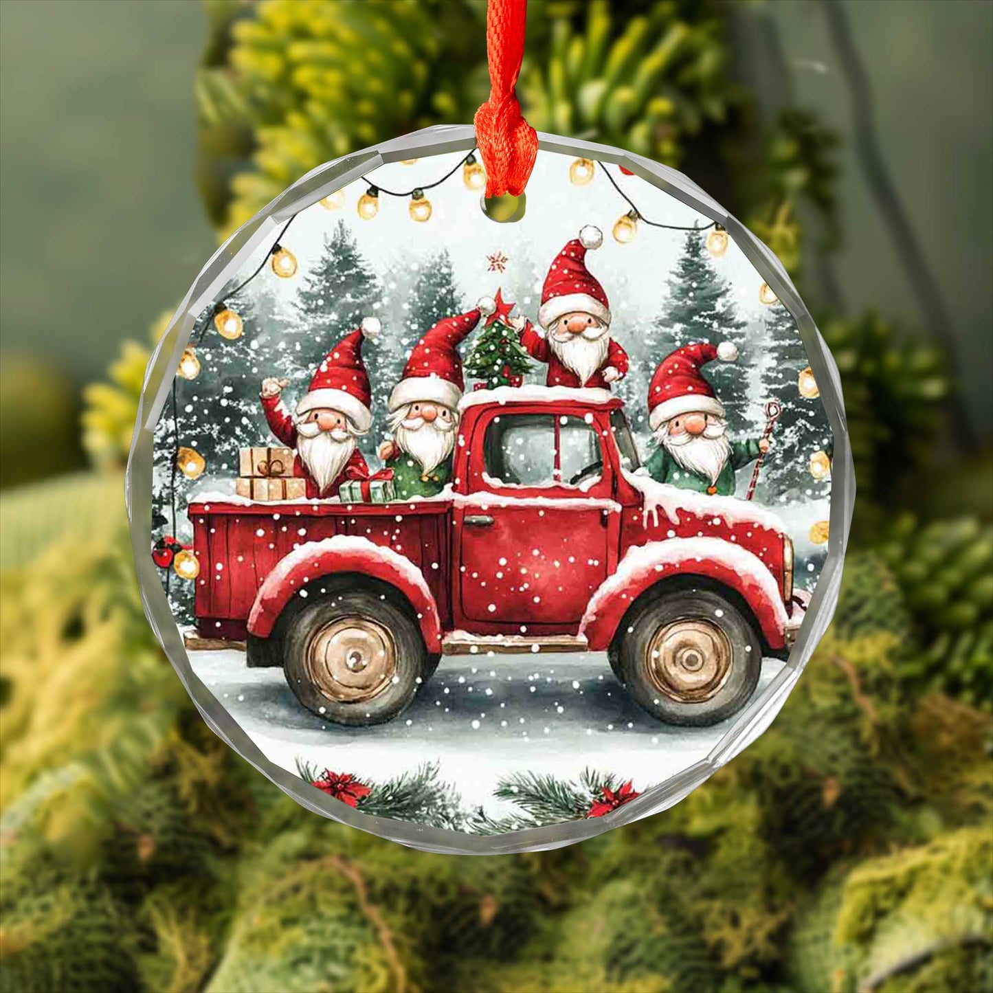 Netecom Santa Claus Red Truck Glass Ornament – Festive Christmas Tree Decoration with Snow and Gifts, 3-Inch Keepsake