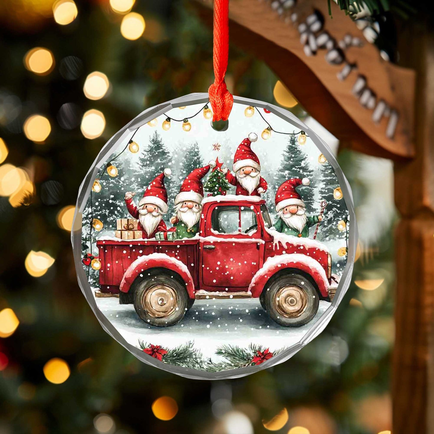 Netecom Santa Claus Red Truck Glass Ornament – Festive Christmas Tree Decoration with Snow and Gifts, 3-Inch Keepsake