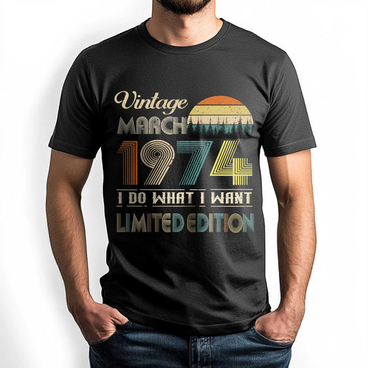 Netecom Vintage March 1974 T-Shirt, Retro Style Birthday Tee for Men, Meaningful Birthday Gift for March Born