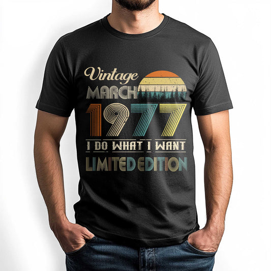 Netecom Vintage March 1977 T-Shirt, Retro Style Birthday Tee for Men, Meaningful Birthday Gift for March Born