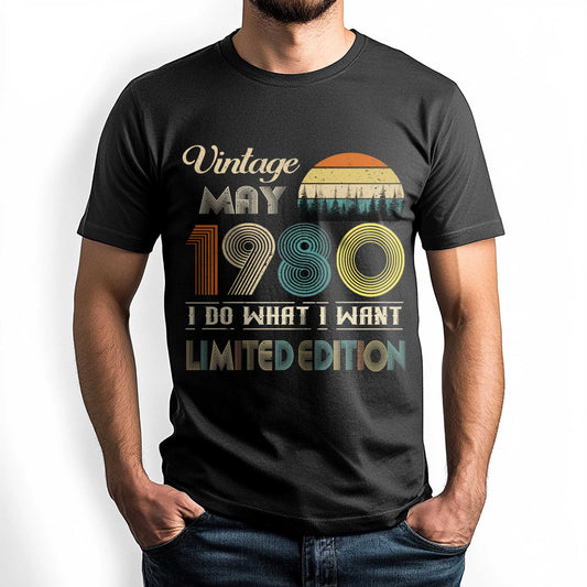 Netecom Vintage May 1980 T-Shirt, Retro Style Birthday Tee for Men, Meaningful Birthday Gift for May Born