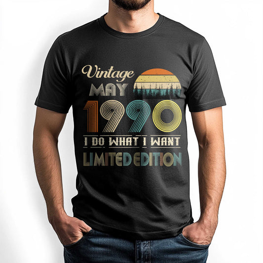 Netecom Vintage May 1990 T-Shirt, Retro Style Birthday Tee for Men, Meaningful Birthday Gift for May Born