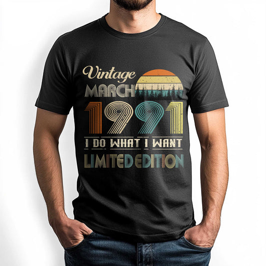 Netecom Vintage March 1991 T-Shirt, Retro Style Birthday Tee for Men, Meaningful Birthday Gift for March Born