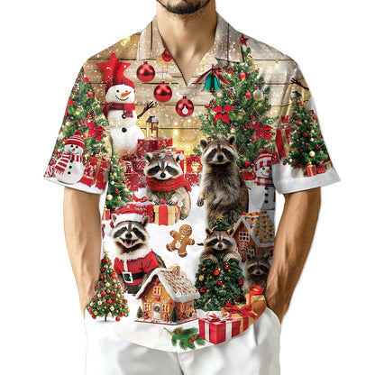 Netecom Christmas Raccoon Hawaiian Shirt for Men, Cute Animal Holiday Print Button Down Summer Beach Short Sleeve Shirt, S-5XL