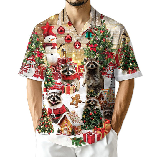 Netecom Christmas Raccoon Hawaiian Shirt for Men, Cute Animal Holiday Print Button Down Summer Beach Short Sleeve Shirt, S-5XL