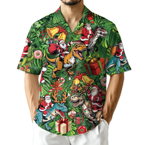 Netecom Santa Claus Riding Dinosaur Christmas Hawaiian Shirt, Funny T-Rex Holiday Button Down Summer Beach Shirt, S-5XL