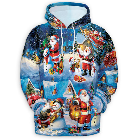 Netecom Santa and Snowman 3D Hoodie with Front Pocket, Unisex Casual All Over Musical Christmas Graphic Sweatshirt