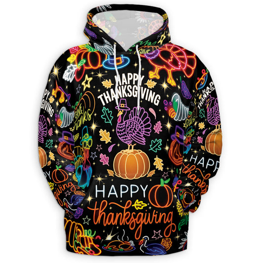 Netecom Neon Thanksgiving Print Hoodie with Front Pocket, All Over Happy Turkey Day Graphic Sweatshirt Unisex Casual