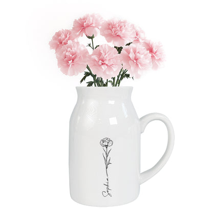 Netecom Personalized Birth Flower Ceramic Jug Vase with Custom Name, Elegant Home Decor Pitcher, Unique Gift for Birthday, Mother’s Day, or Christmas