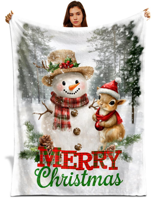 Netecom Cute Squirrel and Snowman Christmas Blanket, Winter Holiday Throw Blanket for Couch, Bed or Sofa, Ultra Soft and Warm Gift for Christmas or Holiday